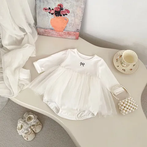Infant Baby Girl Long Sleeve White Romper Dress With Bowknot Mesh Tulle Tutu Skirt Cotton Jumpsuit Bodysuit For Daily Outfits