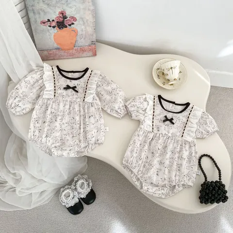 Infant Baby Girl Floral Romper Sweet Lace Bow Long Short Sleeve Cotton Bodysuit French Vintage Pastoral Style Jumpsuit For Newborn Baby Girls
