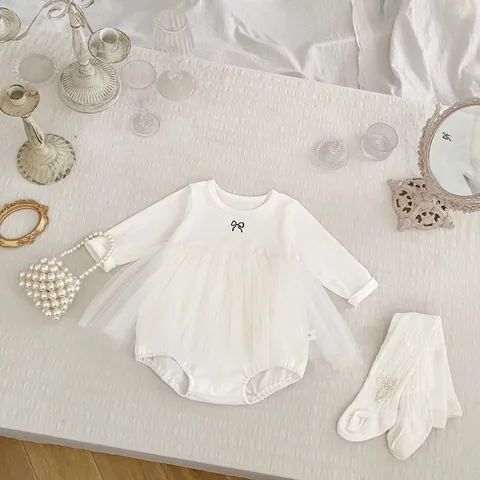 Infant Baby Girl Long Sleeve White Romper Dress With Bowknot Mesh Tulle Tutu Skirt Cotton Jumpsuit Bodysuit For Daily Outfits