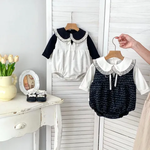 Baby Girls French Style Tweed Bodysuit Peter Pan Collar Lace Long Sleeve Shirt Infant Spring Autumn Sweet Apparel Set