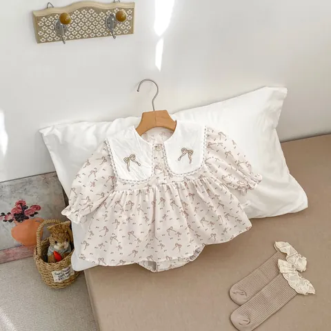 Sweet Baby Girls Bow Embroidery Romper Dress Lace Peter Pan Collar Long Sleeve Cotton Jumpsuit For Infant Toddler Birthday Party