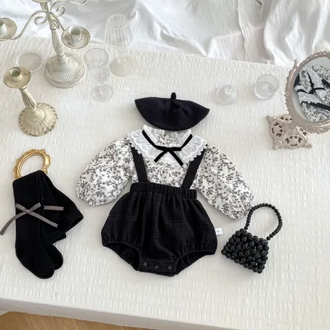 Baby Girl Retro Floral Shirt And Black Strap Romper Outfit 100% Cotton Long Sleeve Lace Collar Bib Overall Toddler Clothes