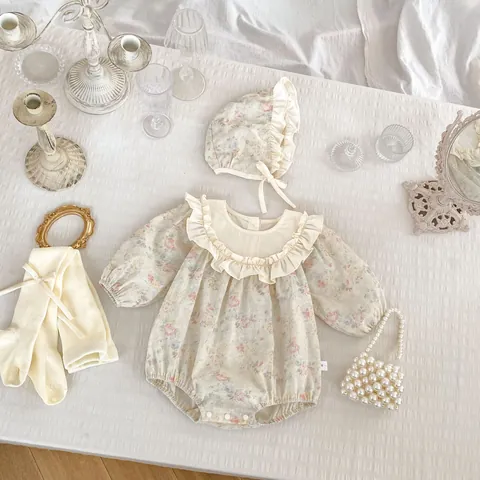 Pelele Vintage Floral para Bebé Niña Con Sombrero a Juego Algodón Manga Larga Body Con Volantes Ropa de Primavera