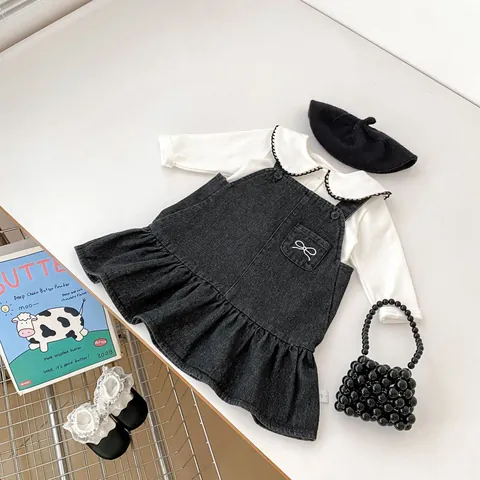 Kleinkind Mädchen Jeans Trägerkleid Und Peter Pan Kragen Bluse Set Baumwolle Schleife Stickerei Rüschen Saum Süß Outfit