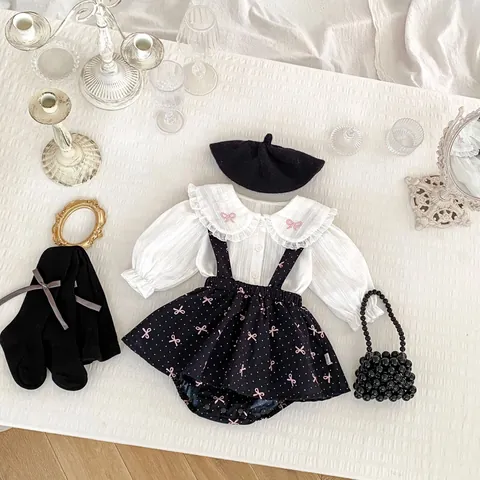 Baby Girl French Vintage Lace Peter Pan Collar Shirt And Black Polka Dot Bow Romper Dress Set Long Sleeve Cotton Outfits