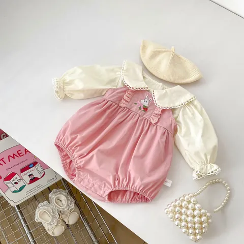Baby Mädchen Süß Hase Stickerei Strampler Und Spitze Peter Pan Kragen Hemd Säugling Frühling Herbst Baumwolle Outfit