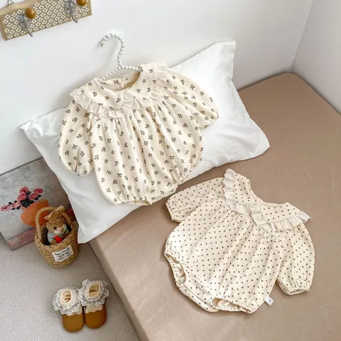 Baby Girls Cotton Long Sleeve Romper Sweet Lace Peter Pan Collar Floral Polka Dot Bodysuit Vintage Spring Autumn Jumpsuit