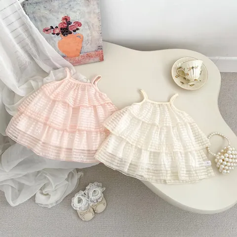 Mädchen Sommer Süßes Gestuftes Kleid Ärmellos Träger Rüschen Prinzessinnenkleid Mit Schleifenstickerei Baumwolle Netz Partykleid