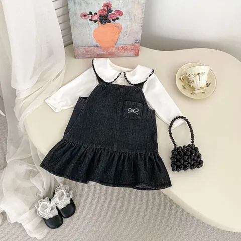 Kleinkind Mädchen Jeans Trägerkleid Und Peter Pan Kragen Bluse Set Baumwolle Schleife Stickerei Rüschen Saum Süß Outfit