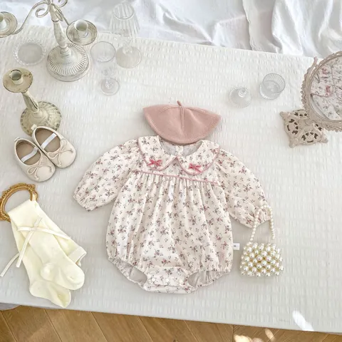 Baby Girls Sweet Floral Long Sleeve Bodysuit 100% Cotton Peter Pan Collar Romper For Infants Newborn Outfits Spring Clothes