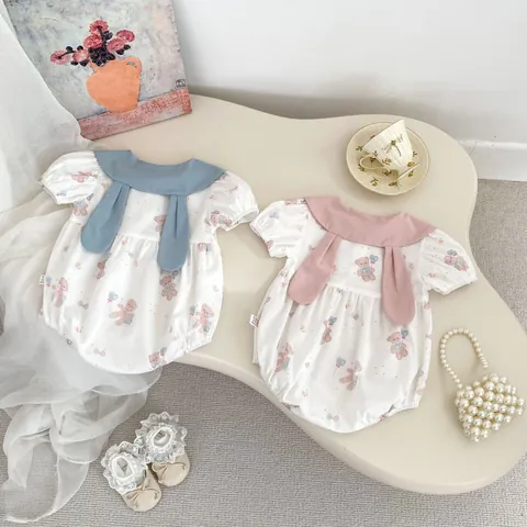 Newborn Baby Romper Summer Short Sleeve Cotton Bear Print Jumpsuit With Bunny Ears Collar Cute Infant Clothes For Girls Pink Blue