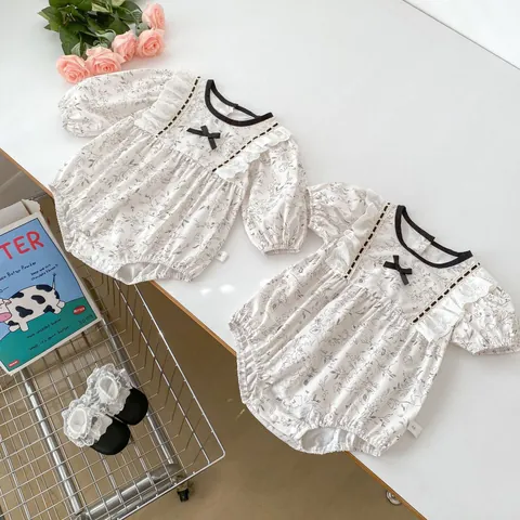 Infant Baby Girl Floral Romper Sweet Lace Bow Long Short Sleeve Cotton Bodysuit French Vintage Pastoral Style Jumpsuit For Newborn Baby Girls