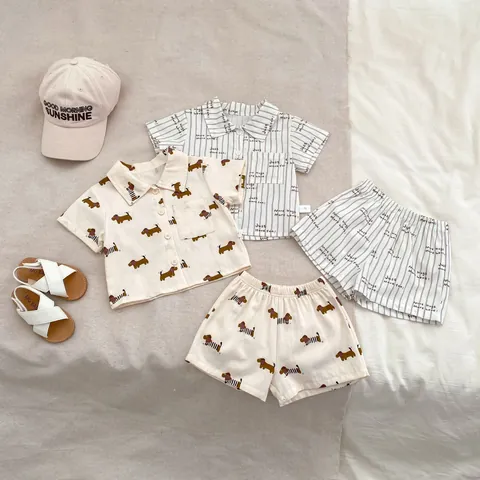 Set di Abbigliamento Estivo in Cotone per Bambini Piccoli Camicia a Maniche Corte con Revers e Pantaloncini Bassotto
