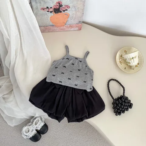 Girls Summer Bowknot Print Ribbed Camisole Top And Bloomers Shorts Cotton Baby Toddler Sweet Casual Clothing Outfit Set