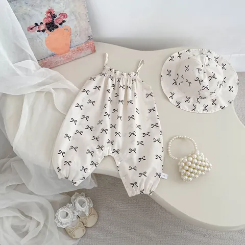 Infant Baby Girls Summer Cotton Bowtie Print Sleeveless Romper And Matching Hat Set Cream Bodysuit Sun Hat Outfit