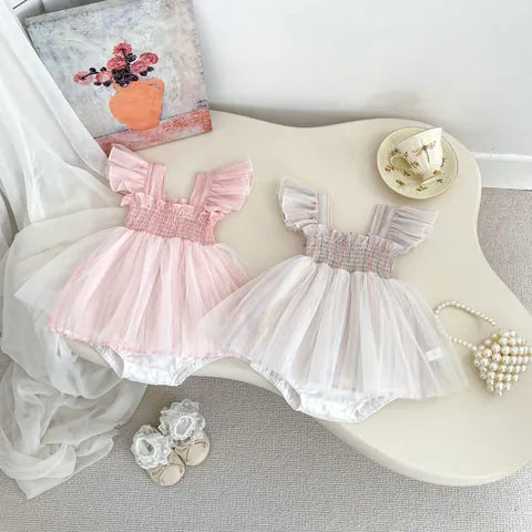 Baby Girl Summer Mesh Tutu Romper Dress Sweet Flutter Sleeve Striped Cotton Romper Birthday Party Outfit For Infant