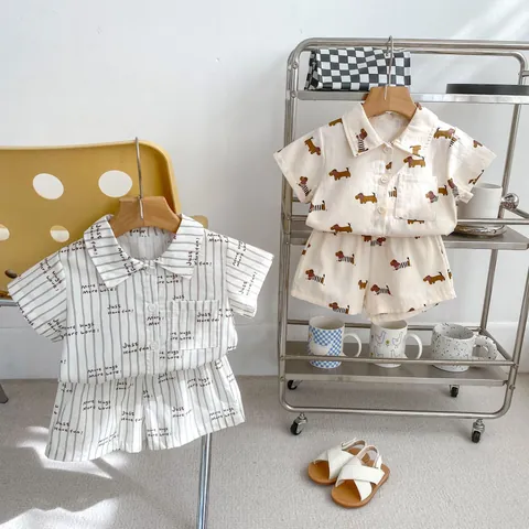 Set di Abbigliamento Estivo in Cotone per Bambini Piccoli Camicia a Maniche Corte con Revers e Pantaloncini Bassotto
