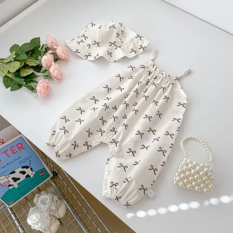 Infant Baby Girls Summer Cotton Bowtie Print Sleeveless Romper And Matching Hat Set Cream Bodysuit Sun Hat Outfit