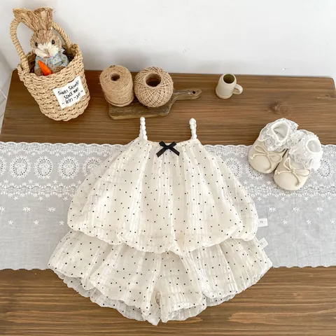 Summer Baby Girl Polka Dot Sling Top And Shorts Two Piece Set Sweet Toddler Clothes Breathable Cotton Polyester Outfit