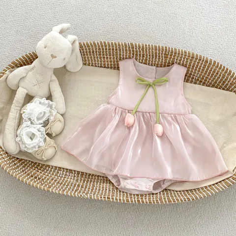 Infant Girls Sleeveless Bodysuit Dress Tulip Bowknot Summer Cotton Princess Romper For Daily Birthday Party Infant Clothing
