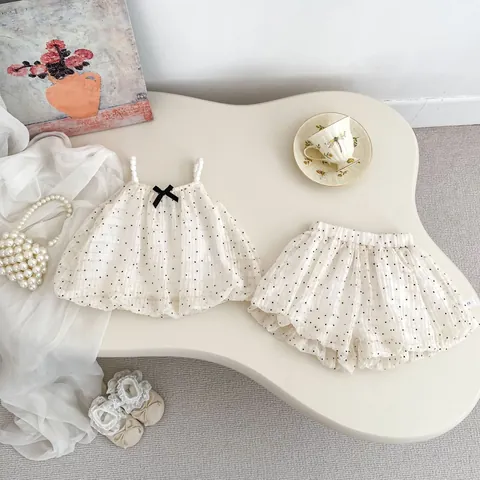 Summer Baby Girl Polka Dot Sling Top And Shorts Two Piece Set Sweet Toddler Clothes Breathable Cotton Polyester Outfit
