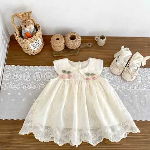 Girls Sweet Floral Embroidery Sleeveless Princess Dress With Cherry Patchwork Ruffle Hem Apricot Mesh Summer Dress
