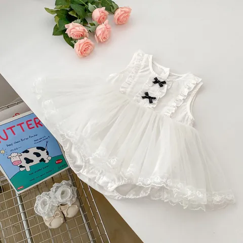 Newborn Baby Girls Sleeveless Tulle Romper Dress White Mesh Bodysuit With Black Bows And Lace Trim Summer Outfits For Birthday Party