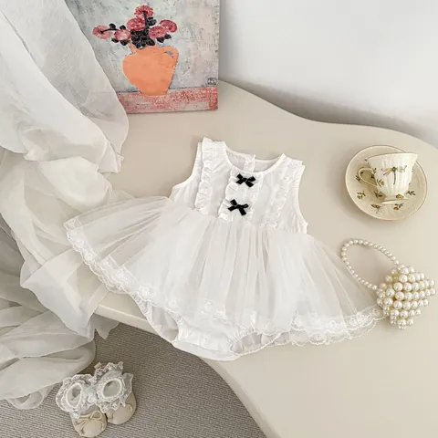 Newborn Baby Girls Sleeveless Tulle Romper Dress White Mesh Bodysuit With Black Bows And Lace Trim Summer Outfits For Birthday Party