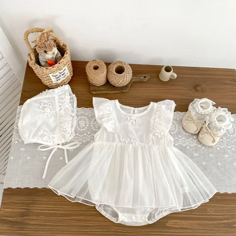 Baby Girl White Flower Embroidery Mesh Romper Dress With Matching Hat And Soft Sole Shoes Princess Style Birthday Outfit