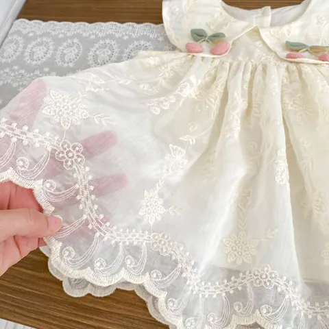 Girls Sweet Floral Embroidery Sleeveless Princess Dress With Cherry Patchwork Ruffle Hem Apricot Mesh Summer Dress