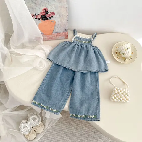 Girls Sweet Floral Embroidery Denim Camisole Top And Wide Leg Pants Soft Cotton Summer Clothing Outfits For Infants