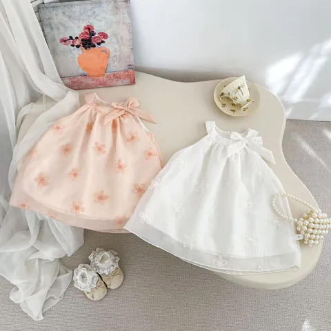 Robe de Princesse pour Bébé Fille Sans Manches en Organza à Mailles avec Broderie Florale et Nœud pour Mariage Fête Anniversaire