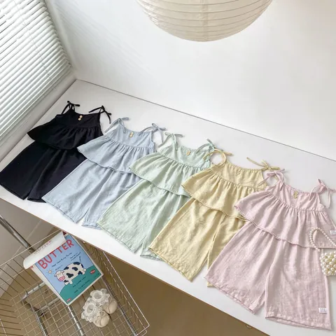 Toddler Girls Summer Casual Camisole And Wide Leg Pants Outfit Cotton Viscose Linen Blend Ruffle Sleeveless Top Shorts Kids Clothes