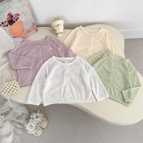 Baby Meisjes Zonbescherming Cardigan Dun Ademend Ribgebreid Strik Knoop Voorzijde Lange Mouw Zomerjas Top