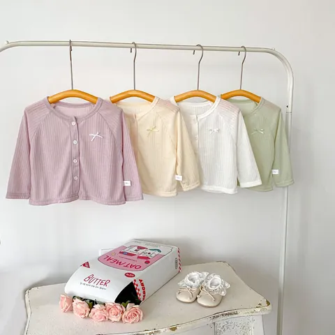 Baby Meisjes Zonbescherming Cardigan Dun Ademend Ribgebreid Strik Knoop Voorzijde Lange Mouw Zomerjas Top