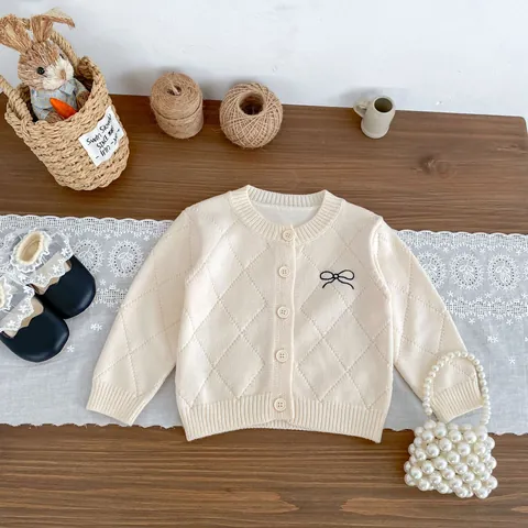 Ensemble Cardigan En Tricot Et Pantalon Évasé Pour Bébés Filles Nœud Motif Argyle Tricots Pull Tenue Pour Fillettes