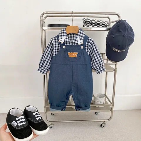 Baby Boy Plaid Shirt And Denim Overalls Outfit Long Sleeve Gingham Top With Happy Duck Embroidery Casual Infant Toddler Clothes