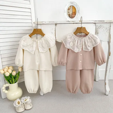 Kleinkind Mädchen 100% Baumwolle Waffel Zweiteiler Set Spitze Blumen Stickerei Kragen Strickjacke Top Und Lange Hose Rosa Aprikose Casual Outfit