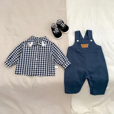 Baby Boy Plaid Shirt And Denim Overalls Outfit Long Sleeve Gingham Top With Happy Duck Embroidery Casual Infant Toddler Clothes