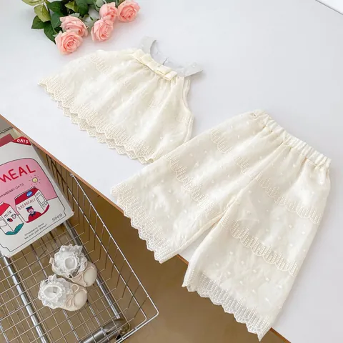 Girls Summer Cotton Set Lace Vest Top And Wide Leg Pants Two Piece Toddler Outfits Cream White Swiss Dot Clothing