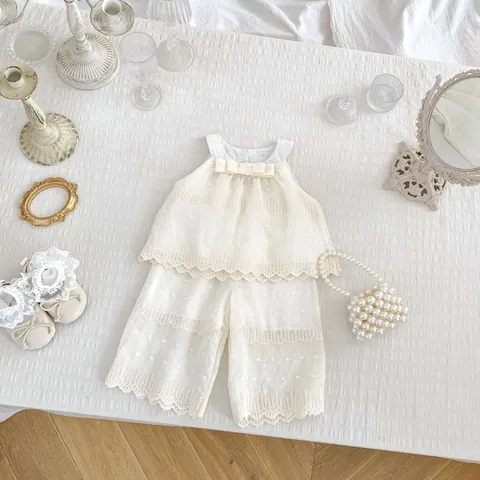 Girls Summer Cotton Set Lace Vest Top And Wide Leg Pants Two Piece Toddler Outfits Cream White Swiss Dot Clothing