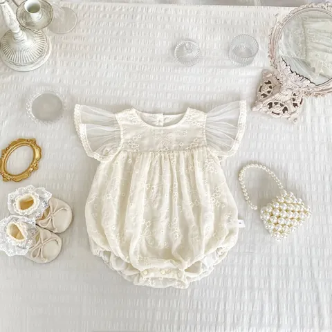 Barboteuse Brodée Florale pour Bébés Filles Manches Volantes en Maille Doublure en Coton Body Princesse Été Quotidien