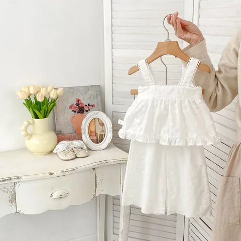 Baby Girl Summer Cotton Embroidery Camisole Top And Wide Leg Pants Set White Floral Scalloped Lace Elegant Outfit