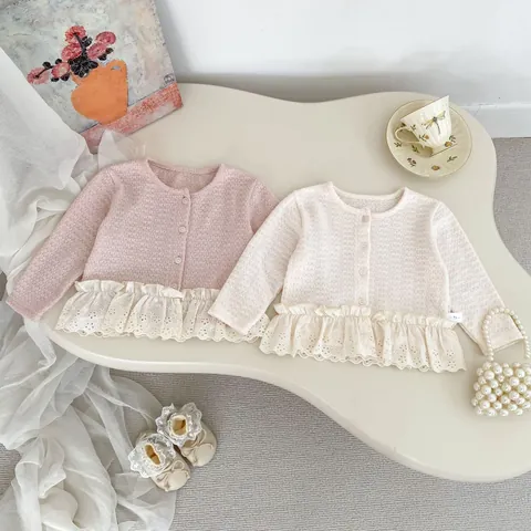 Zoete Baby Meisje Gebreid Vest Met Kant Splicing En Flared Broek Set Peuter Lange Mouw Wafelstructuur Herfst Outfit