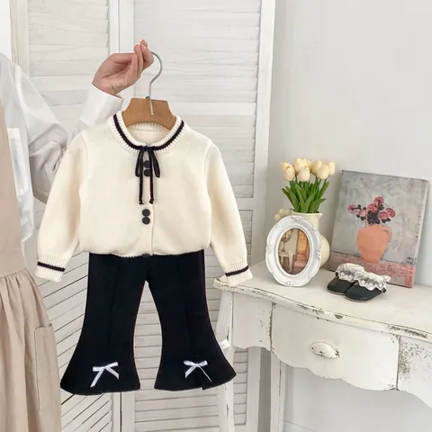 Peuter Meisjes Gebreid Vest En Uitlopende Broek Outfit Katoen Ronde Hals Strik Lange Mouw Contrastkleur Gebreide Kleding Herfst