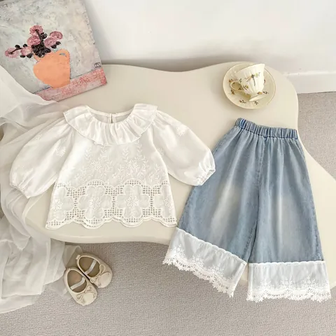 Girls Fashion Two Piece Set Floral Embroidery Ruffle Shirt And Lace Denim Wide Leg Pants Sweet Toddler Kids Clothing Suit