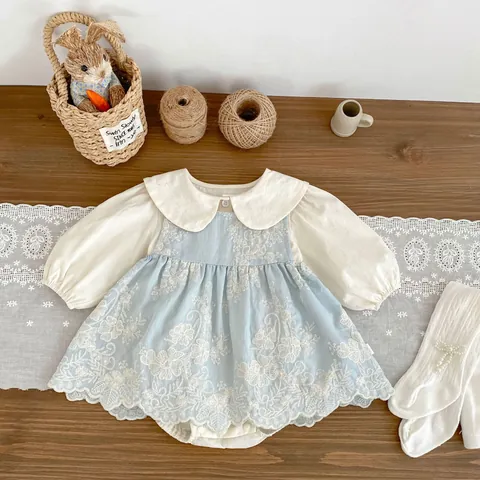 Ensemble Robe Barboteuse Broderie Florale pour Bébé Fille Body Col Claudine Tenue de Princesse de Printemps Banquet Tout-petit