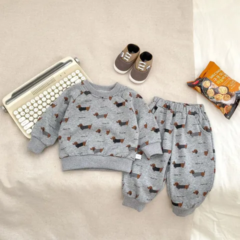 Tout-petits Garçons Décontracté Sweat à Manches Longues Et Pantalon de Jogging Motif Teckel Gris Mélange de Coton Automne