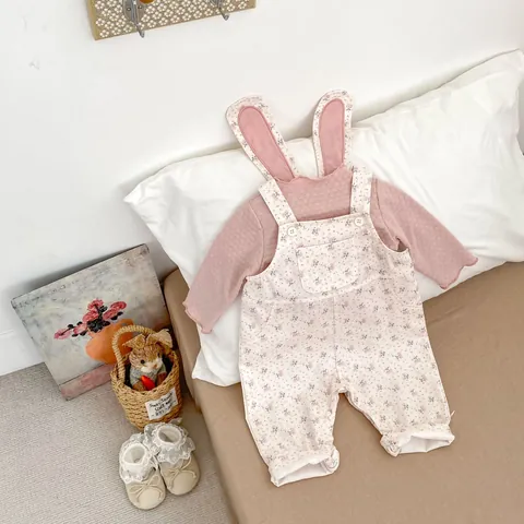 Cute Floral Baby Girl Romper Overalls Outfit With Rabbit Ears Cotton Long Sleeve Top And Suspender Jumpsuit For Newborn Infants