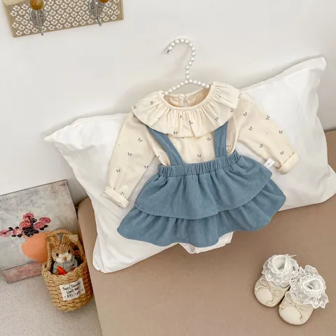 Baby Girl Autumn Clothing With Ruffle Collar Long Sleeve Floral Bow Print Top And Corduroy Suspender Pants Sweet Outfit